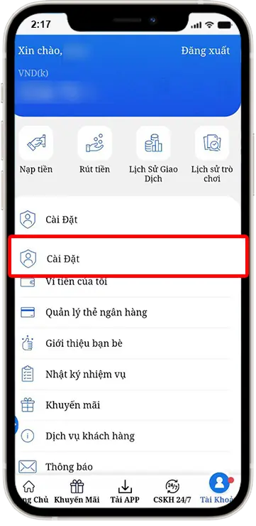 Bước 2 : Chọn mục " Cài Đặt " 